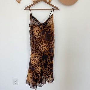 Midi Sheer Animal Print Slip Dress with Asymmetrical Ruffle Hemline
